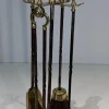 Pamono Brass and Brushed Steel Fireplace Tools with Stand attributed to the Maison Jansen, 1940s, Set of 5> Fireplaces And Mantels