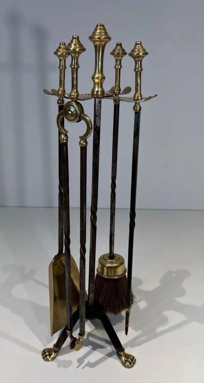Pamono Brass and Brushed Steel Fireplace Tools with Stand attributed to the Maison Jansen, 1940s, Set of 5> Fireplaces And Mantels