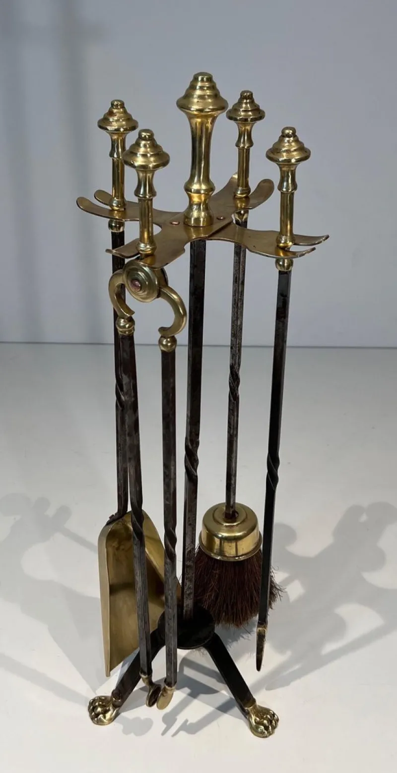 Pamono Brass and Brushed Steel Fireplace Tools with Stand attributed to the Maison Jansen, 1940s, Set of 5> Fireplaces And Mantels