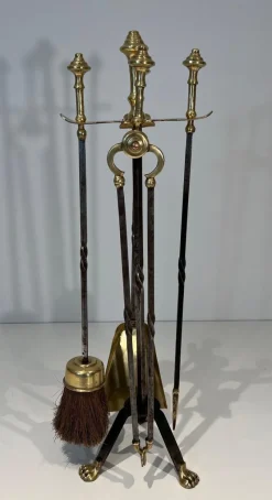 Pamono Brass and Brushed Steel Fireplace Tools with Stand attributed to the Maison Jansen, 1940s, Set of 5><noscript><img width=