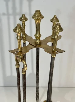 Pamono Brass and Brushed Steel Fireplace Tools with Stand attributed to the Maison Jansen, 1940s, Set of 5><noscript><img width=