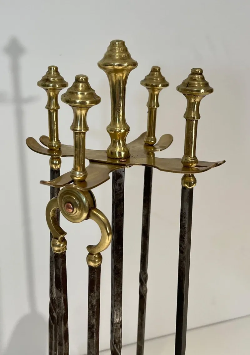Pamono Brass and Brushed Steel Fireplace Tools with Stand attributed to the Maison Jansen, 1940s, Set of 5> Fireplaces And Mantels