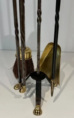 Pamono Brass and Brushed Steel Fireplace Tools with Stand attributed to the Maison Jansen, 1940s, Set of 5><noscript><img width=