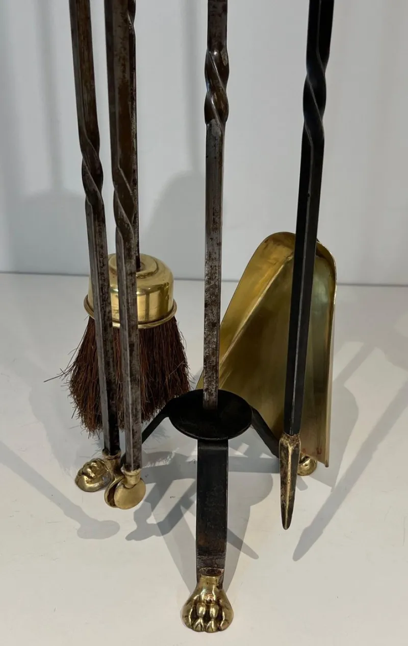 Pamono Brass and Brushed Steel Fireplace Tools with Stand attributed to the Maison Jansen, 1940s, Set of 5> Fireplaces And Mantels