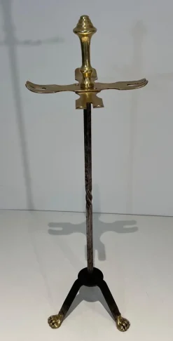 Pamono Brass and Brushed Steel Fireplace Tools with Stand attributed to the Maison Jansen, 1940s, Set of 5><noscript><img width=