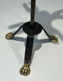 Pamono Brass and Brushed Steel Fireplace Tools with Stand attributed to the Maison Jansen, 1940s, Set of 5><noscript><img width=