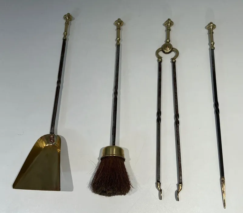 Pamono Brass and Brushed Steel Fireplace Tools with Stand attributed to the Maison Jansen, 1940s, Set of 5> Fireplaces And Mantels