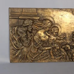 Clearance Pamono Brass and Embossed Sheet Metal High Relief Panel with Holy Family Painting, 1940s