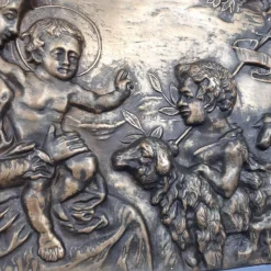 Clearance Pamono Brass and Embossed Sheet Metal High Relief Panel with Holy Family Painting, 1940s