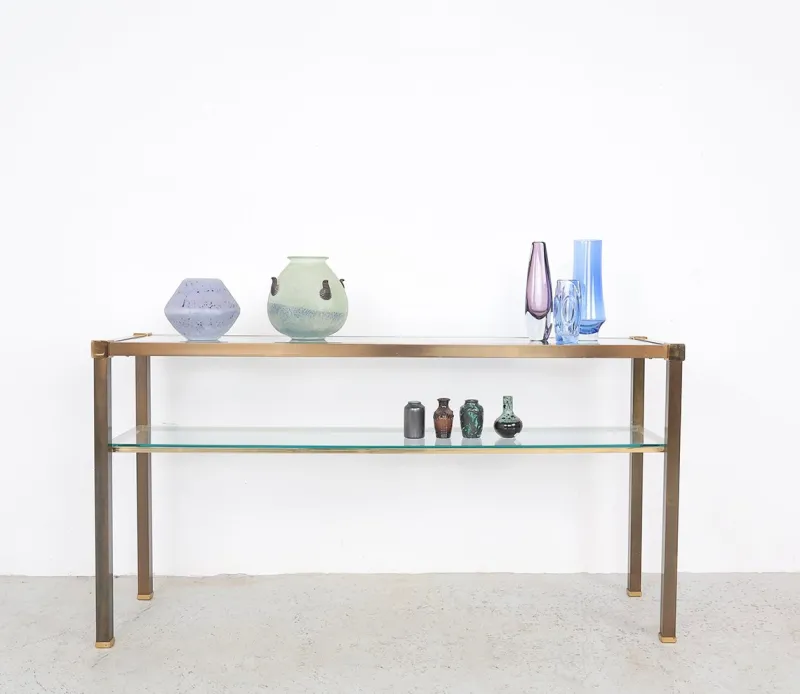 Pamono Brass and Glass Console Table, 1970s> Console Tables