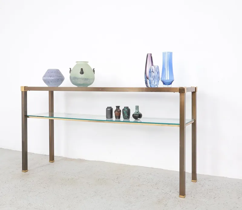Pamono Brass and Glass Console Table, 1970s> Console Tables