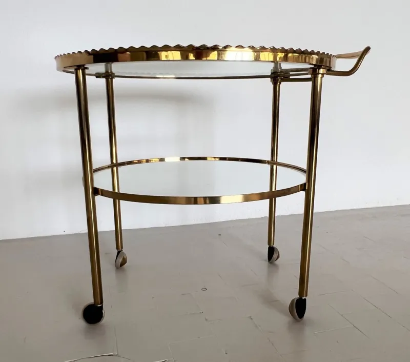 Pamono Brass and Glass Serving Cart from Vereinigte Werkstätten Collection, 1960s> Serving Bar Carts & Trolleys