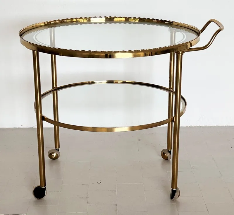 Pamono Brass and Glass Serving Cart from Vereinigte Werkstätten Collection, 1960s> Serving Bar Carts & Trolleys