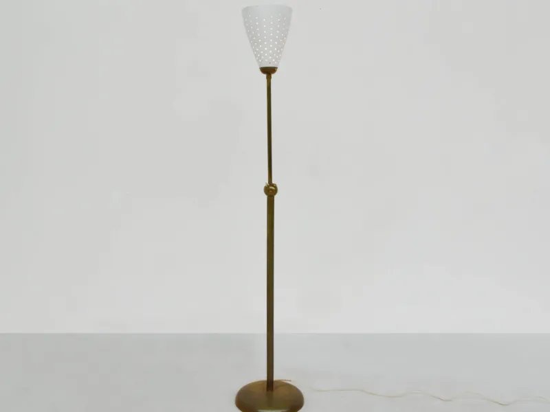 Pamono Brass and Perforated Metal Adjustable Floor Lamp from BAG Turgi, Switzerland, 1950s> Floor Lamps