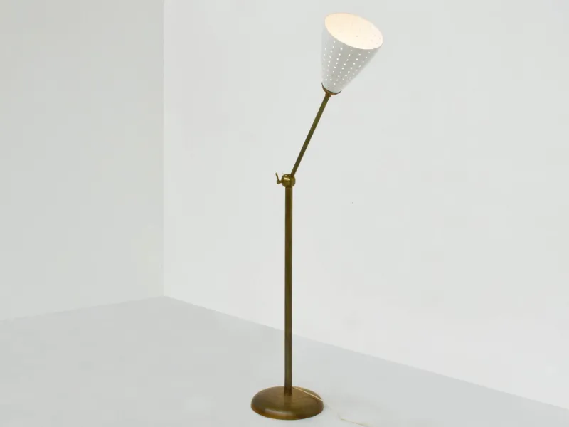 Pamono Brass and Perforated Metal Adjustable Floor Lamp from BAG Turgi, Switzerland, 1950s> Floor Lamps