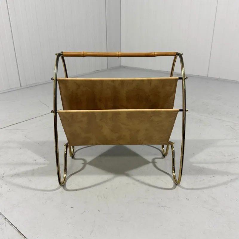 Sale Pamono Brass and Rattan Magazine Holder, 1950s