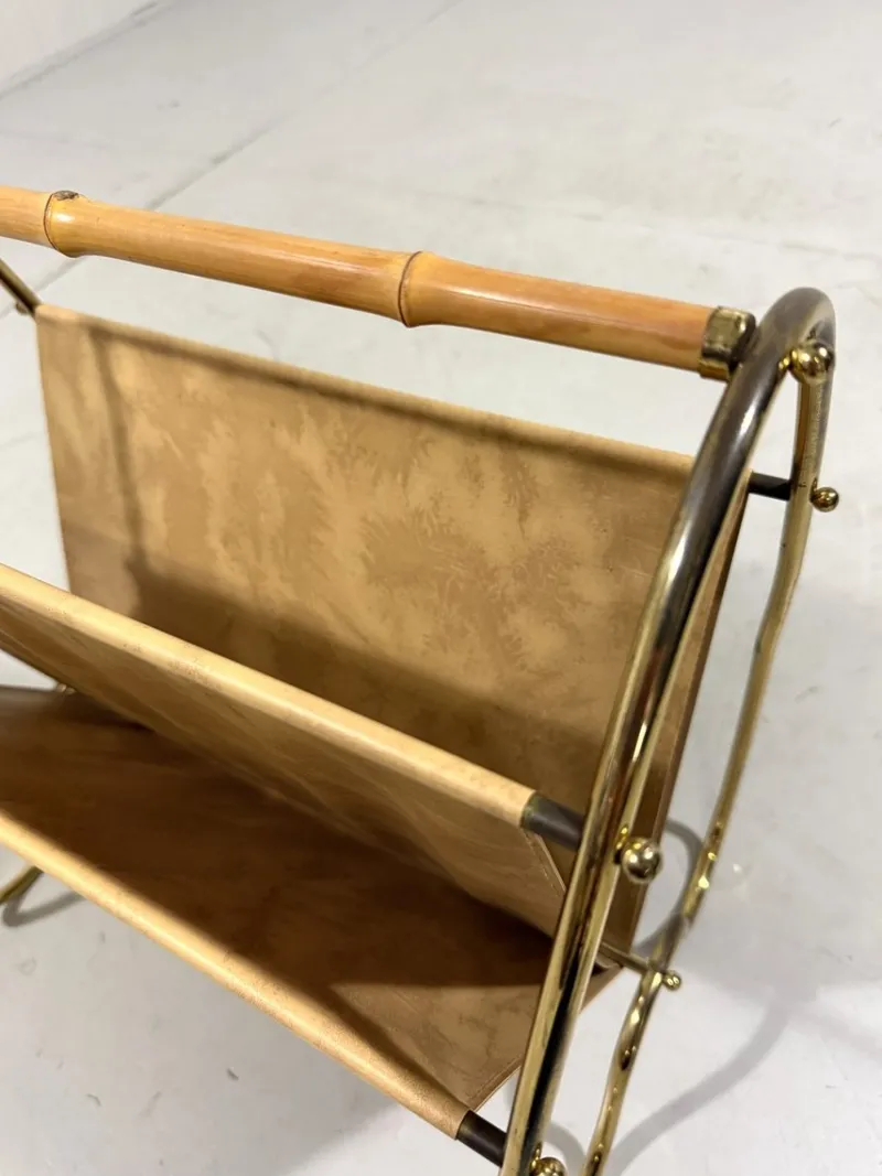 Sale Pamono Brass and Rattan Magazine Holder, 1950s