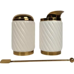 Pamono Brass and Ribbed Ivory Ceramic Cocktail Set in the style of Tommaso Barb, 1970s, Set of 3> Dinnerware Accessories