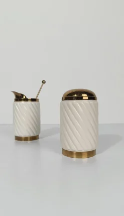 Pamono Brass and Ribbed Ivory Ceramic Cocktail Set in the style of Tommaso Barb, 1970s, Set of 3> Dinnerware Accessories