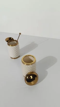 Pamono Brass and Ribbed Ivory Ceramic Cocktail Set in the style of Tommaso Barb, 1970s, Set of 3><noscript><img width=