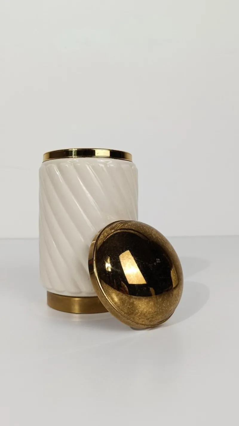 Pamono Brass and Ribbed Ivory Ceramic Cocktail Set in the style of Tommaso Barb, 1970s, Set of 3> Dinnerware Accessories