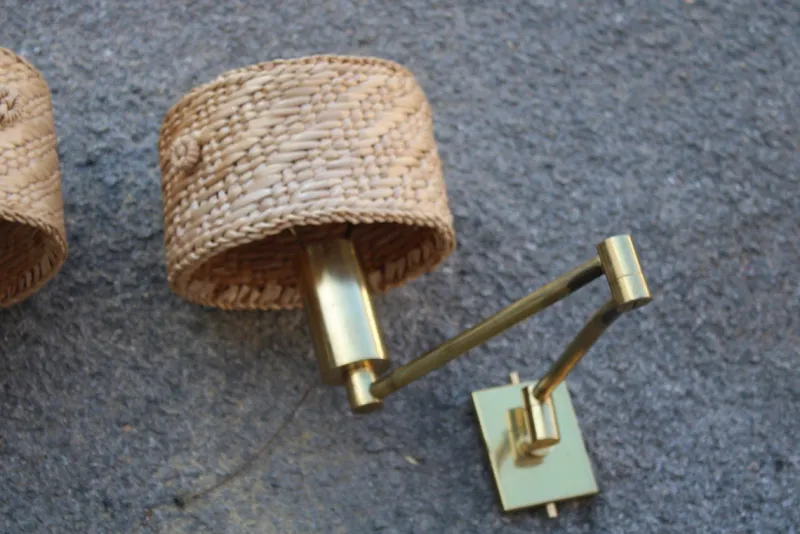 Pamono Brass and Straw Bedside Lamps, Italy, 1970s, Set of 2> Wall Lights & Sconces