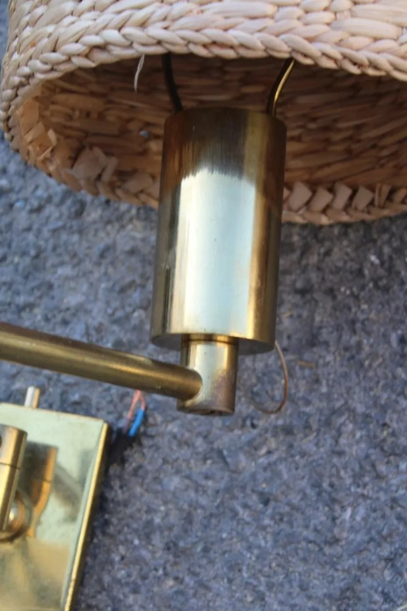 Pamono Brass and Straw Bedside Lamps, Italy, 1970s, Set of 2> Wall Lights & Sconces