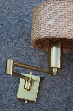 Pamono Brass and Straw Bedside Lamps, Italy, 1970s, Set of 2><noscript><img width=