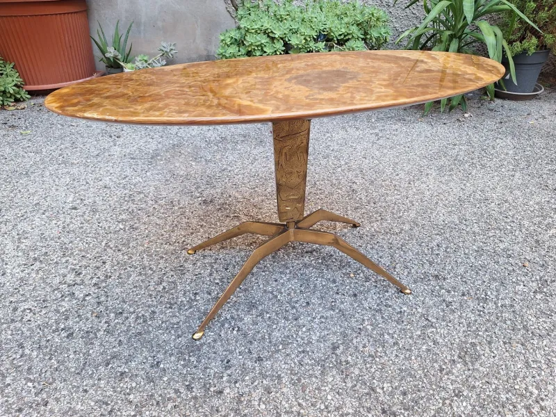 Pamono Brass Coffee Table with Oval Brown Marble Top, 1950s> Coffee & Side Tables