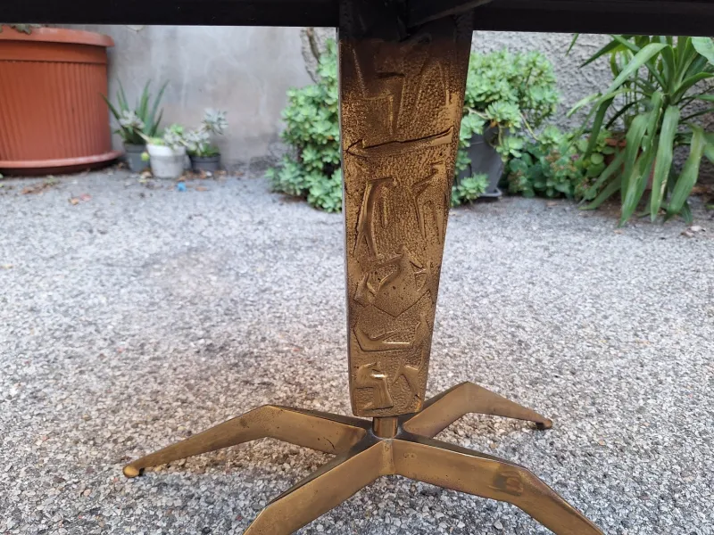 Pamono Brass Coffee Table with Oval Brown Marble Top, 1950s> Coffee & Side Tables