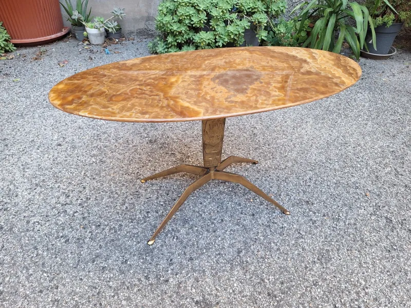 Pamono Brass Coffee Table with Oval Brown Marble Top, 1950s> Coffee & Side Tables