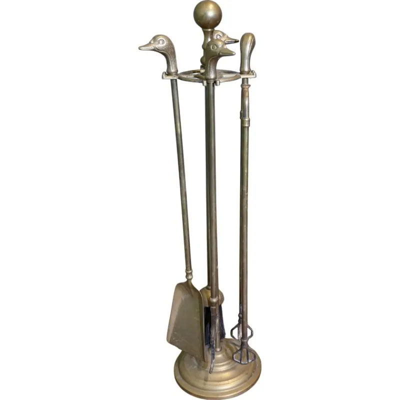 Pamono Brass Fireside Fireside Tools with Ducks, 1920s, Set of 5> Fireplaces And Mantels