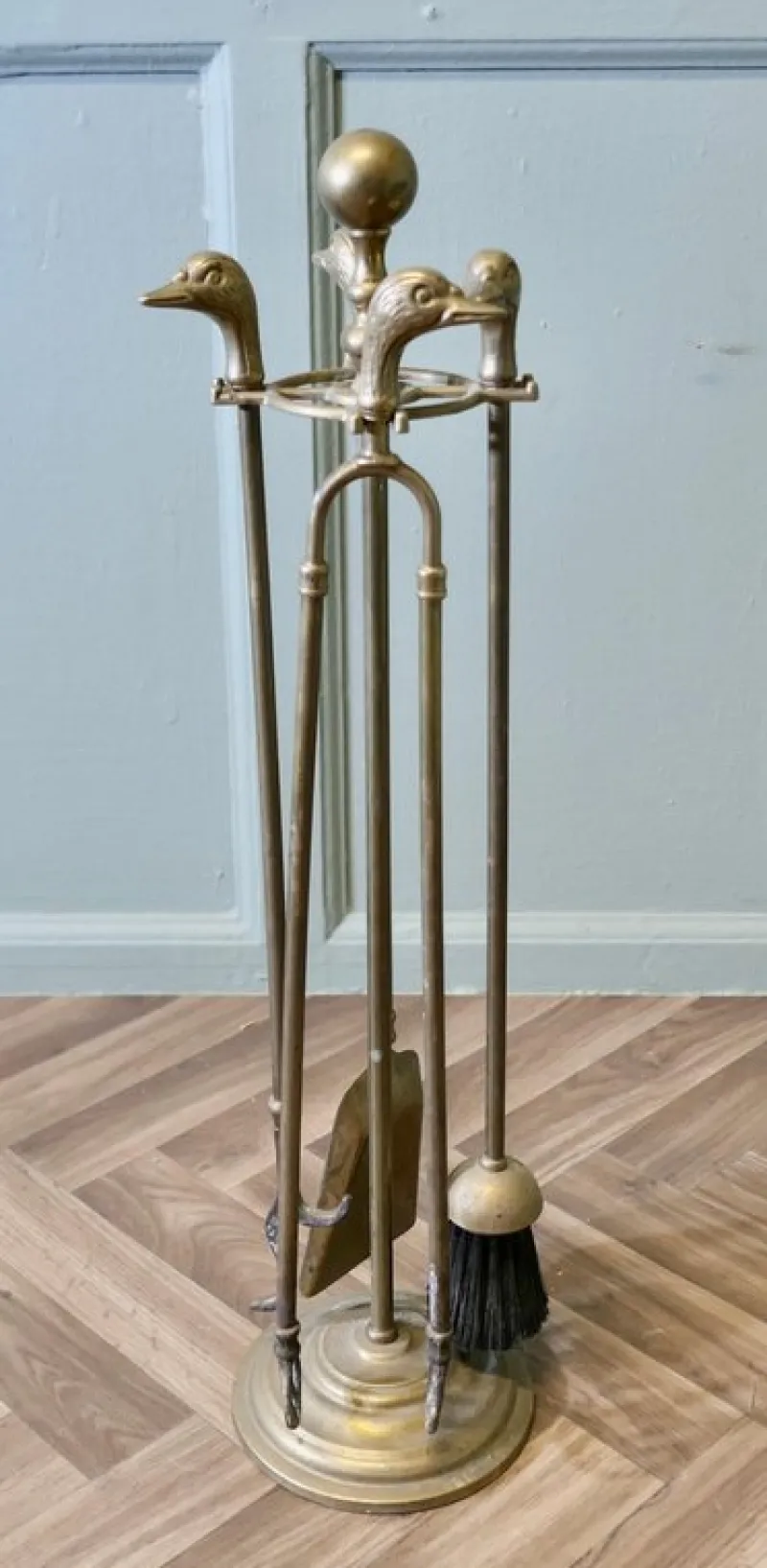 Pamono Brass Fireside Fireside Tools with Ducks, 1920s, Set of 5> Fireplaces And Mantels