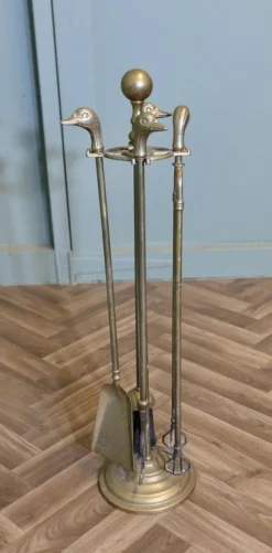 Pamono Brass Fireside Fireside Tools with Ducks, 1920s, Set of 5><noscript><img width=