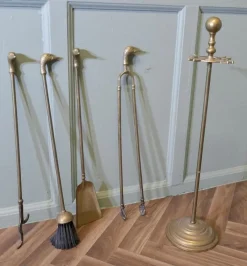 Pamono Brass Fireside Fireside Tools with Ducks, 1920s, Set of 5><noscript><img width=