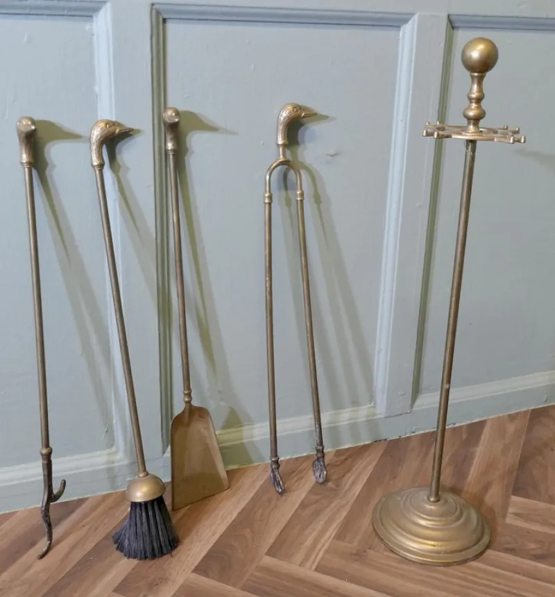 Pamono Brass Fireside Fireside Tools with Ducks, 1920s, Set of 5> Fireplaces And Mantels