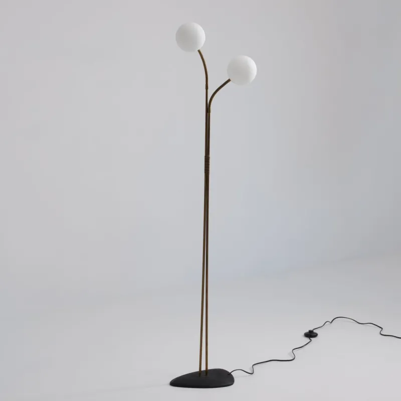Pamono Brass Floor Lamp with Adjustable Arms and Opaline Glass Globes, 1950s> Floor Lamps
