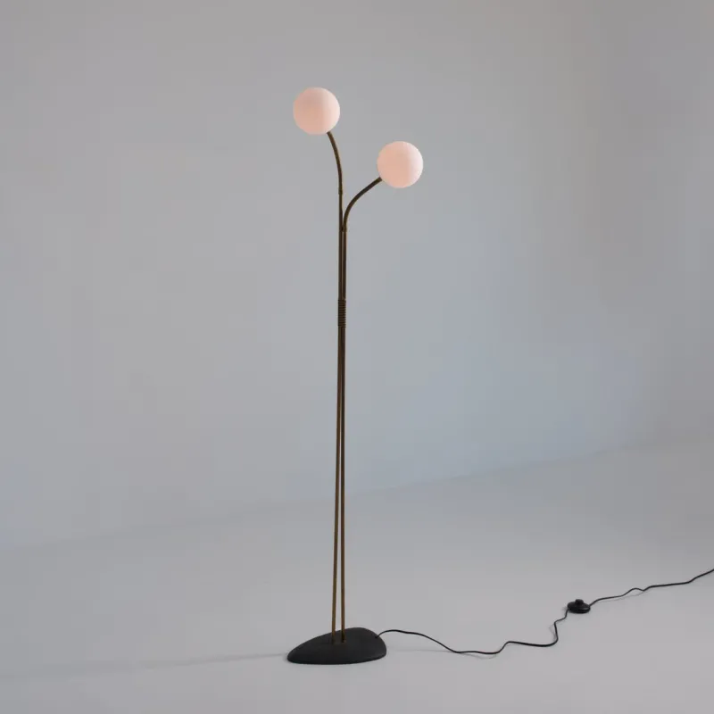 Pamono Brass Floor Lamp with Adjustable Arms and Opaline Glass Globes, 1950s> Floor Lamps