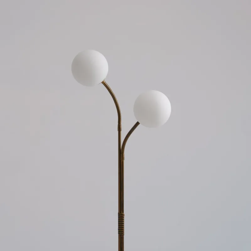 Pamono Brass Floor Lamp with Adjustable Arms and Opaline Glass Globes, 1950s> Floor Lamps