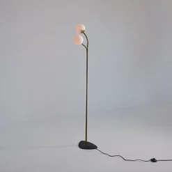 Pamono Brass Floor Lamp with Adjustable Arms and Opaline Glass Globes, 1950s><noscript><img width=
