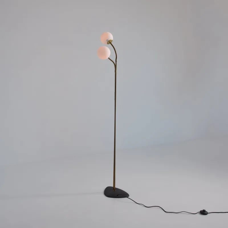 Pamono Brass Floor Lamp with Adjustable Arms and Opaline Glass Globes, 1950s> Floor Lamps
