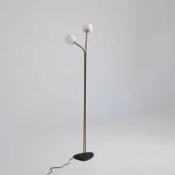 Pamono Brass Floor Lamp with Adjustable Arms and Opaline Glass Globes, 1950s><noscript><img width=