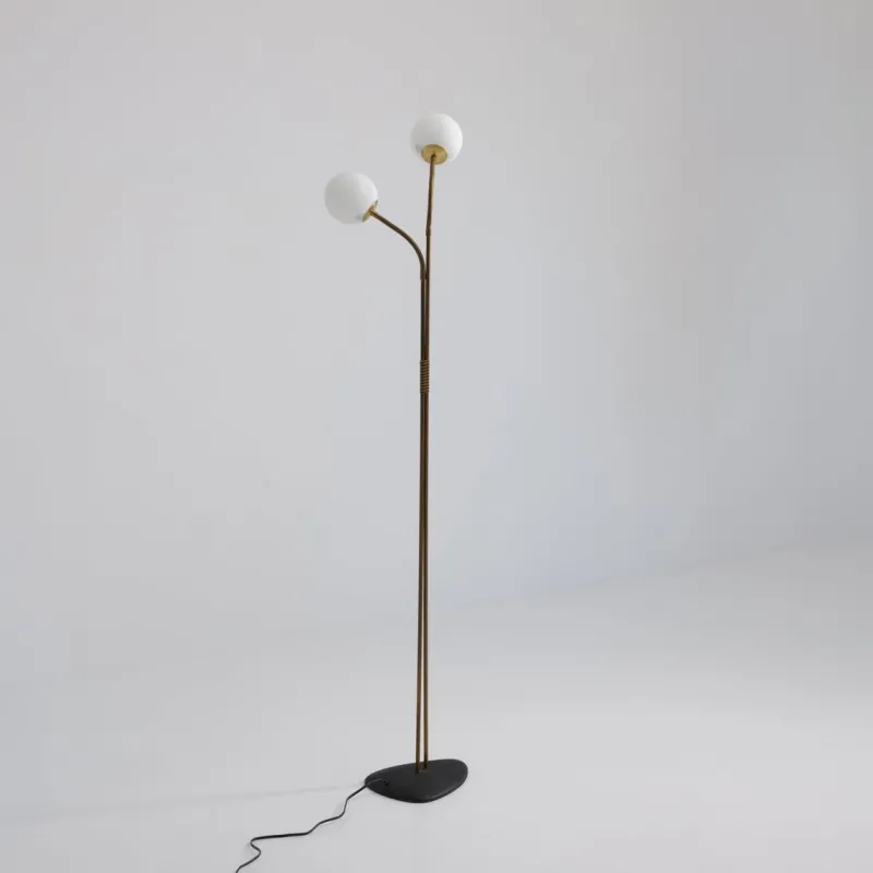 Pamono Brass Floor Lamp with Adjustable Arms and Opaline Glass Globes, 1950s> Floor Lamps