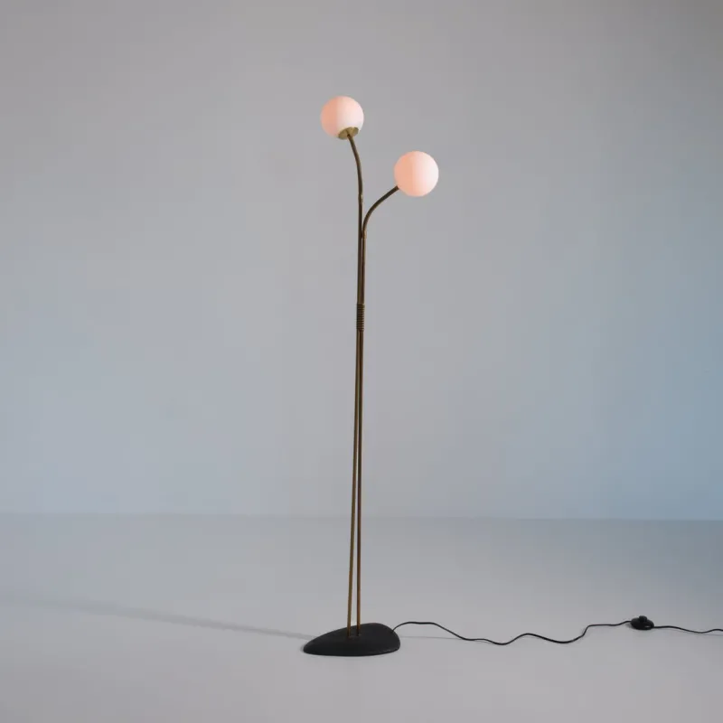 Pamono Brass Floor Lamp with Adjustable Arms and Opaline Glass Globes, 1950s> Floor Lamps