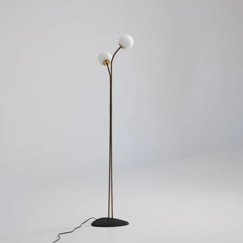 Pamono Brass Floor Lamp with Adjustable Arms and Opaline Glass Globes, 1950s> Floor Lamps