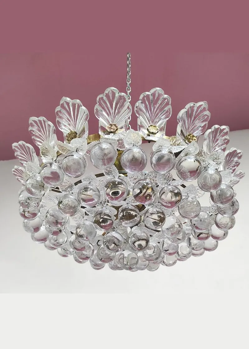Pamono Brass Pendant Light with Crystal Balls and Leaves, 1960> Ceiling Lights