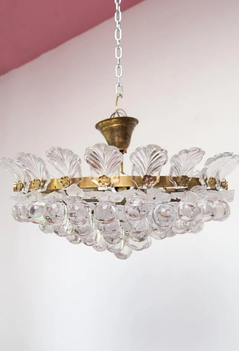 Pamono Brass Pendant Light with Crystal Balls and Leaves, 1960> Ceiling Lights