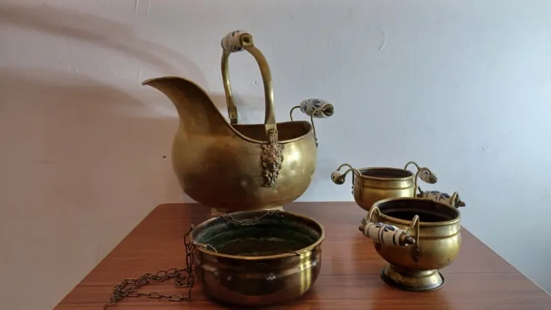 Pamono Brass Planters, 1950s-1960s, Set of 4> Planters And Jardiniere