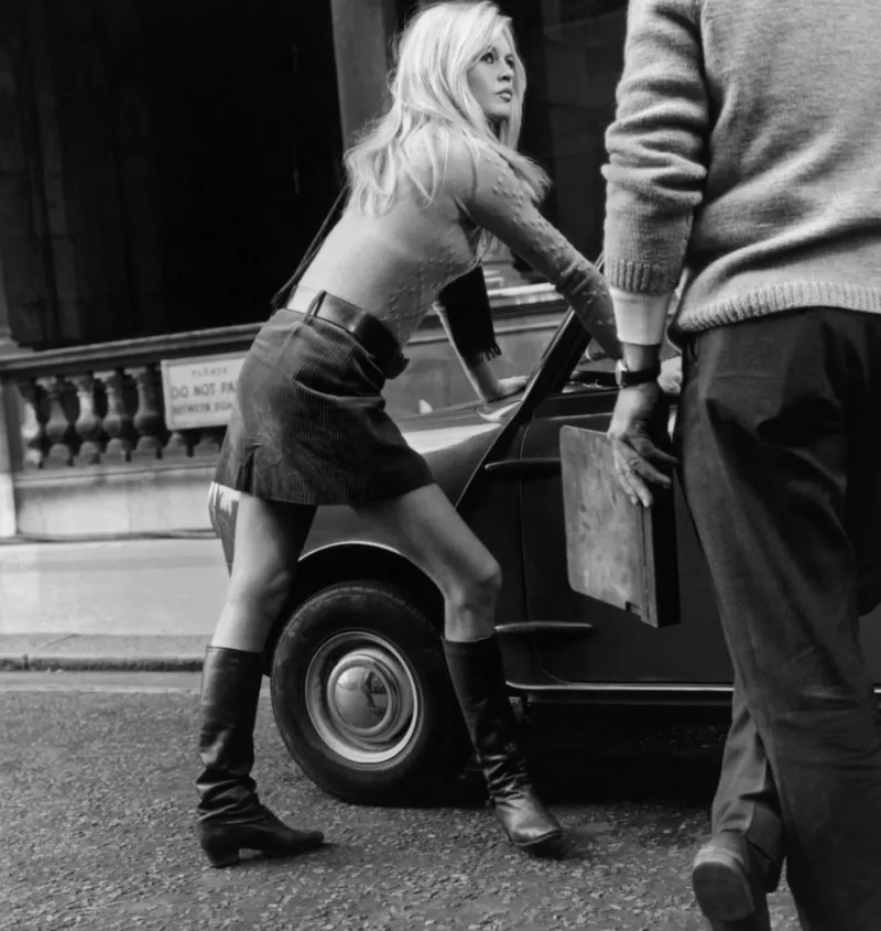 Pamono Brigitte Bardot Mini Car Mini Skirt Silver Gelatin Resin Print Framed in White by Michael Webb> Mid-Century