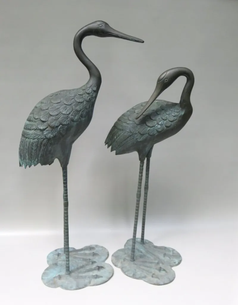 Pamono Bronze & Green Patinated Crane Sculptures, 1970s, Set of 2> Mid-Century
